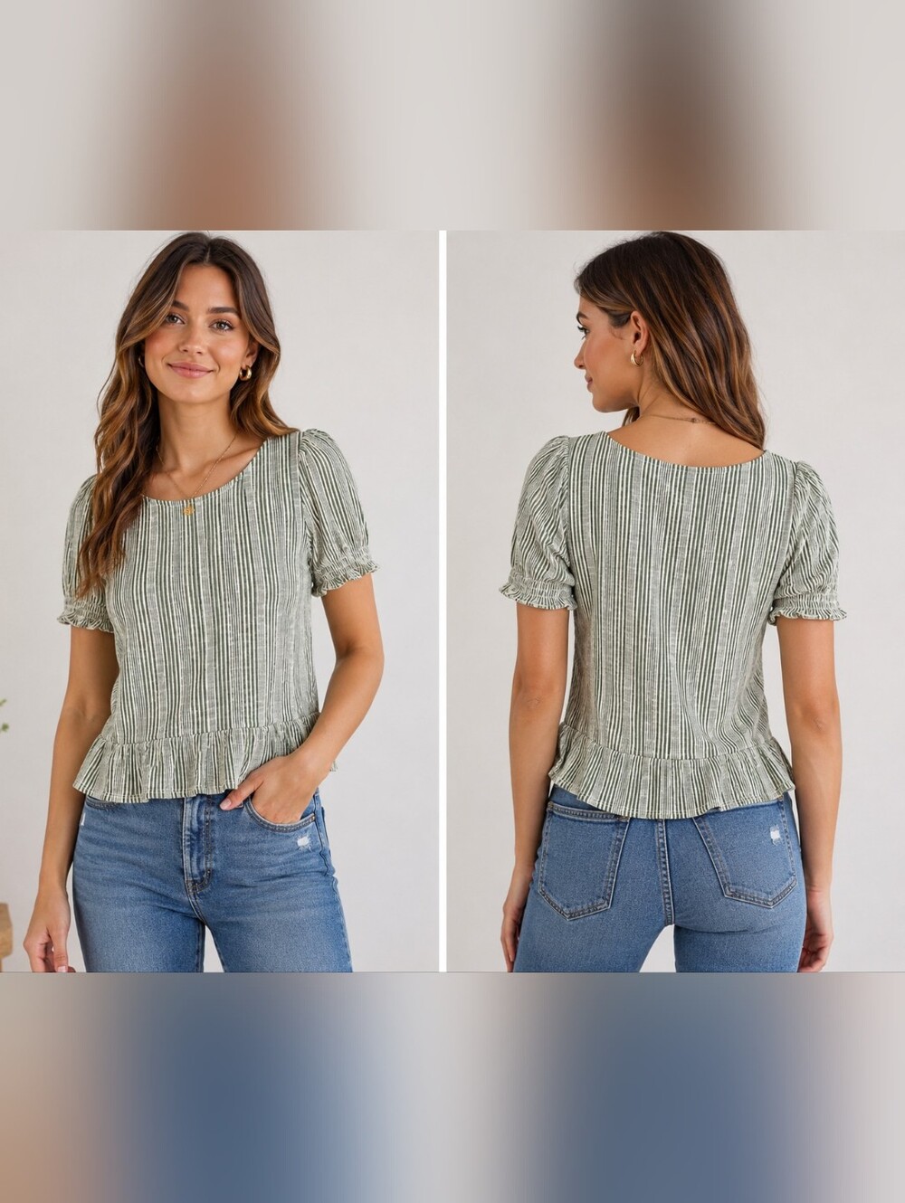 W5 Striped Peplum Top Size S Green White Puff Sleeve Cottagecore NWT